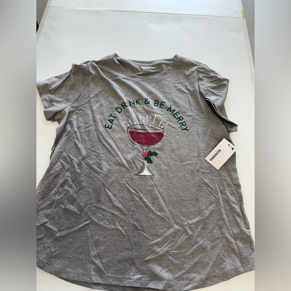 Sonoma “Eat Drink. & Be Merry” Women’s T-shirt, Gray, Large